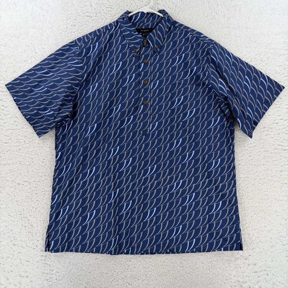 Ari South Hawaiian Shirt Mens XL Blue Wave Tribal Short Sleeve Button Up Aloha